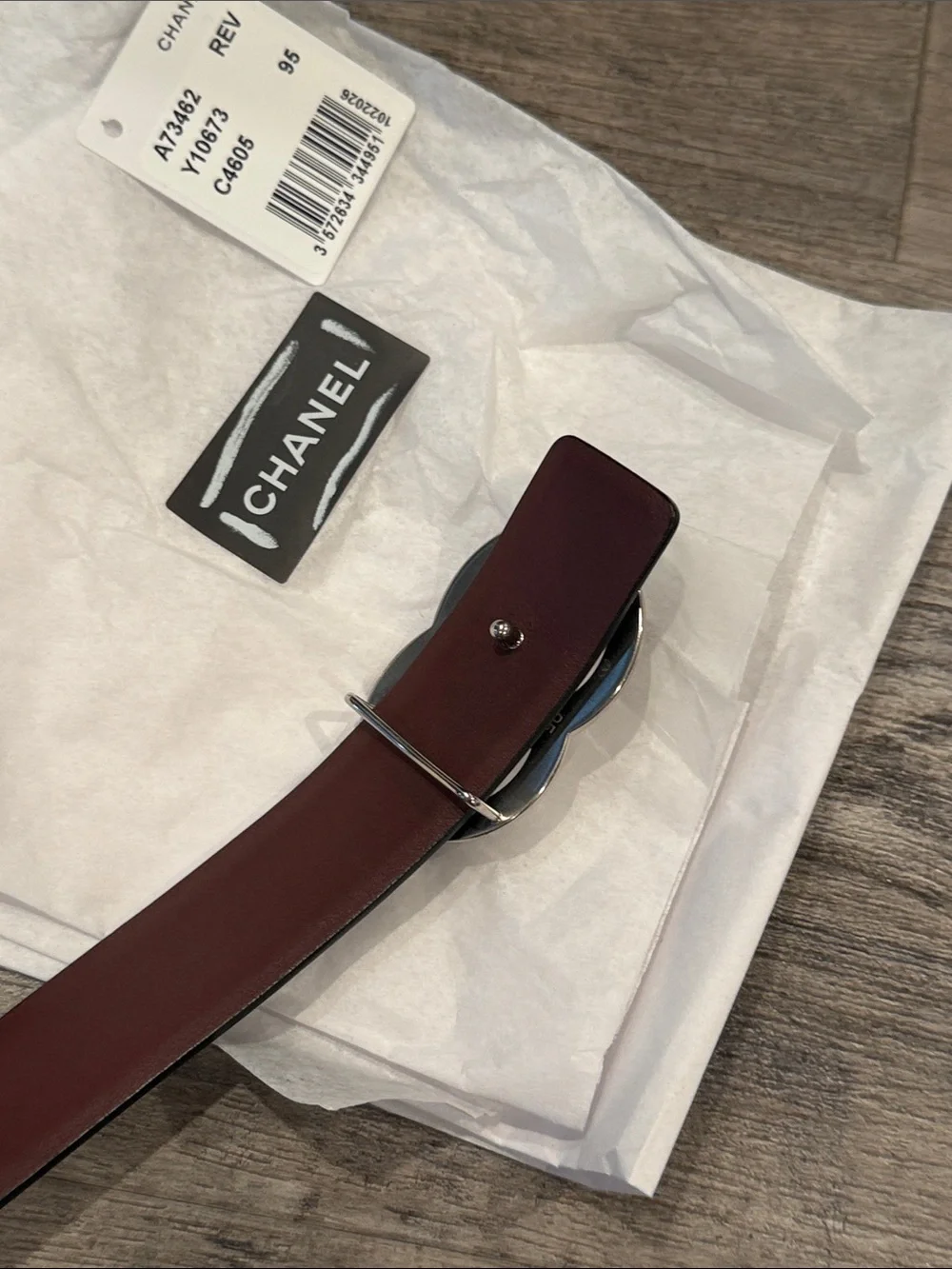 CHANEL Calfskin Leather CC Reversible Belt Silver Buckle Black Burgundy